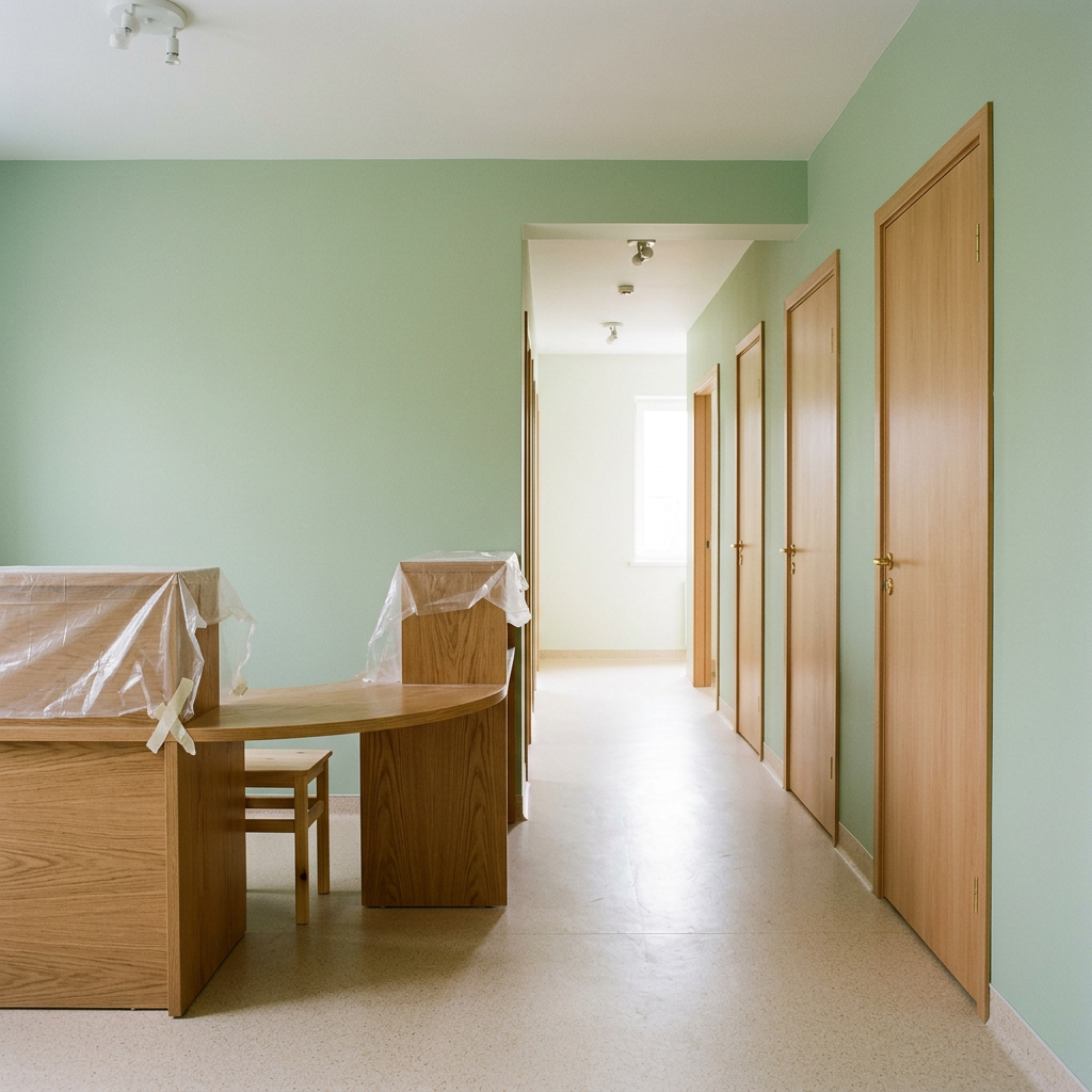 Illustrative image of a clinic reception and corridor with green walls and a covered desk