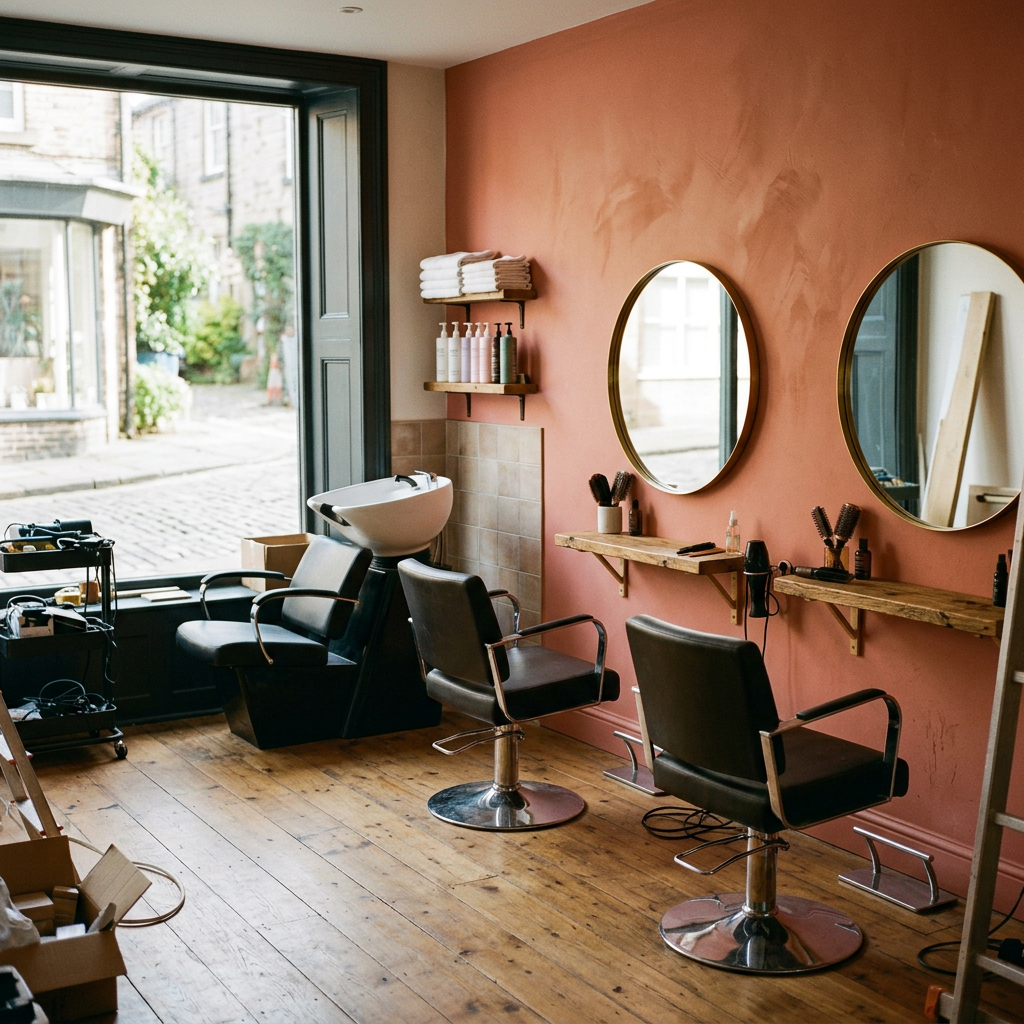 Illustrative image of a salon with two chairs, round mirrors and a terracotta wall