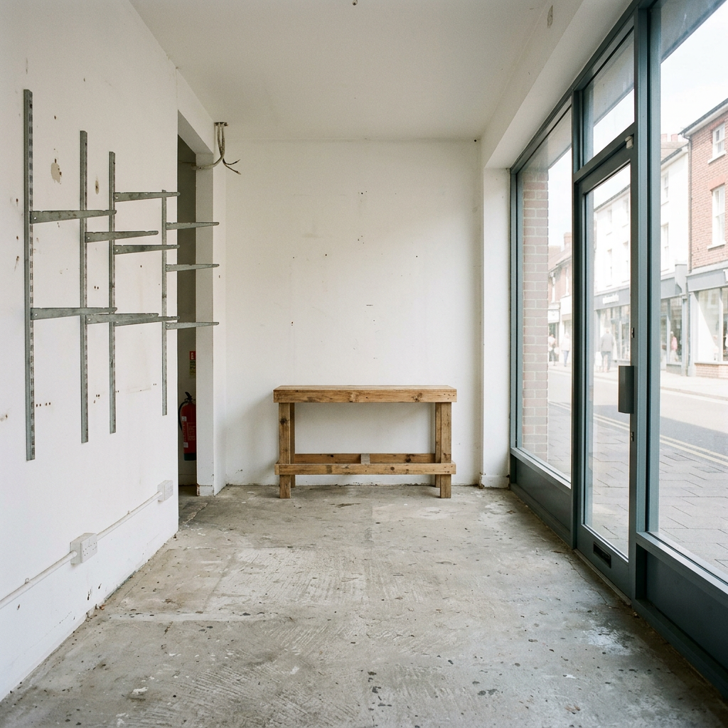 Illustrative image of an empty shop unit with a workbench and a glass shopfront