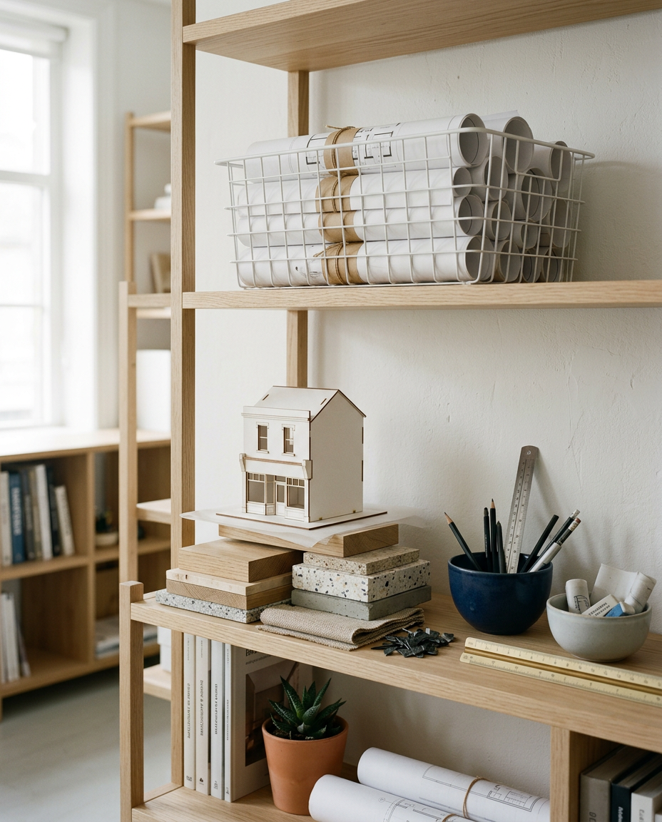 Oak shelving holding a basket of rolled drawings, a small cardboard model of a two-storey shopfront, material samples and pencils