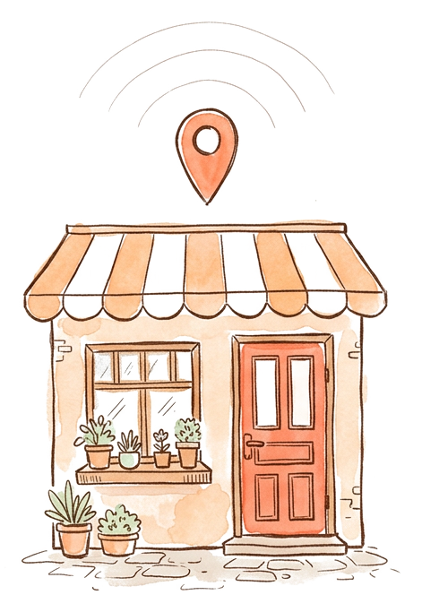 A hand-drawn shopfront with a map pin above it